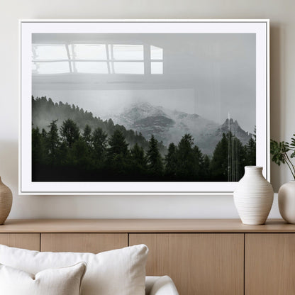 55968349-MGV-CV-36X24-Misty Mountains Wall Art Canvas Print, Framed Foggy Forest Art Picture Print, Snowy Peaks Perfect Moody Wilderness Decor Artwork