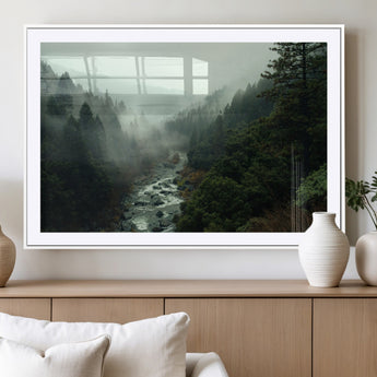 48497565-MGC-FP-36x24_White-Misty Forest Wall Art Canvas Print, Framed Foggy River Art Picture Print, Moody Landscape Perfect Moody Wilderness Decor Artwork