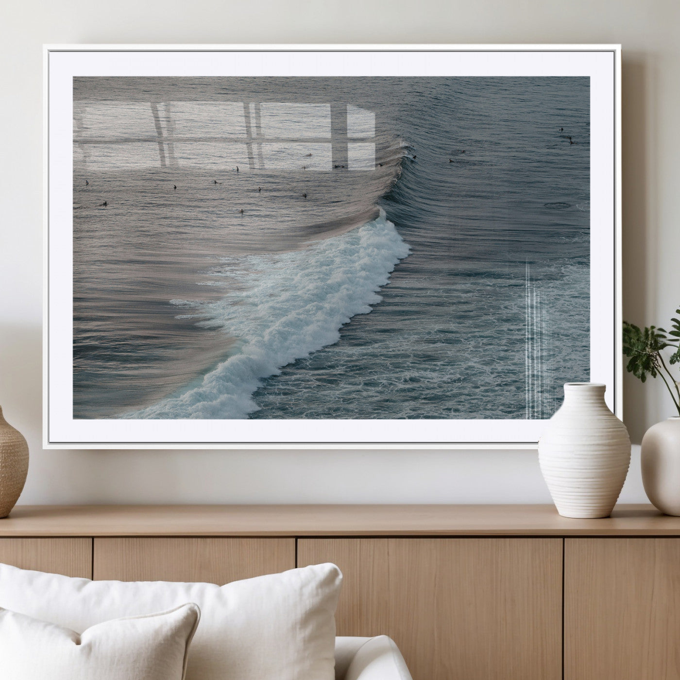 23077324-MGC-FP-36x24_White-Ocean Waves Wall Art Canvas Print, Framed Coastal Serenity Art Picture Print, Surf Aesthetic Perfect Modern Coastal Decor Artwork