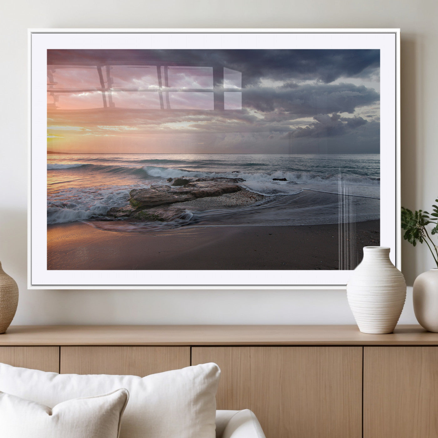 94208089-MGC-FP-36x24_White-Golden Hour Wall Art Canvas Print, Framed Tranquil Waves Art Picture Print, Beach Horizon Perfect Coastal Serenity Decor Artwork