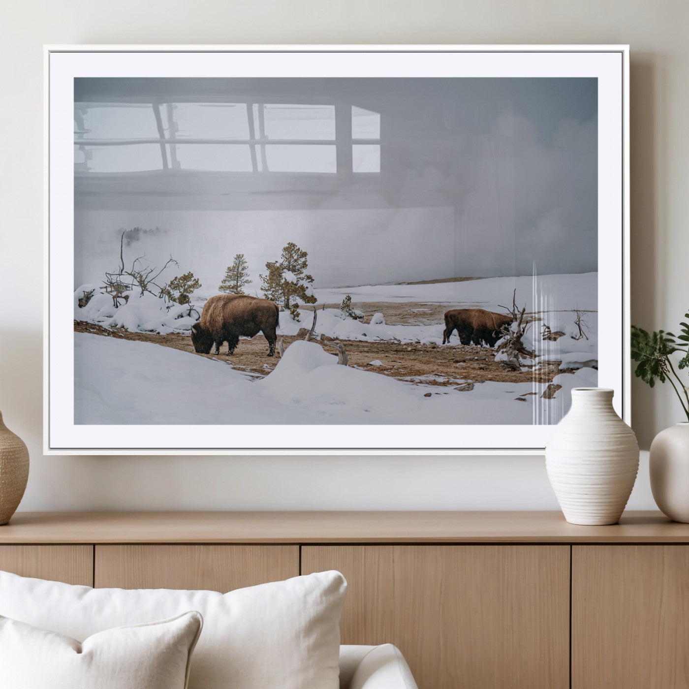 60308289-MGC-FP-36x24_White-Bison Wildlife Wall Art Canvas Print, Framed Snowy Prairie Art Picture Print, Western Landscape Perfect Rustic Winter Decor