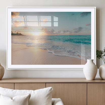 94538225-MGC-FP-36x24_White-Beach Sunset Wall Art Canvas Print, Framed Ocean Waves Art Picture Print, Summer Escape Perfect Coastal Serenity Decor Artwork
