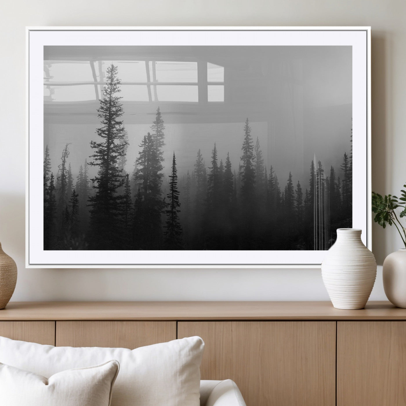 73138900-MGV-CV-36X24-Misty Pines Wall Art Canvas Print, Framed Woodland Photography Art Picture Print, Minimalist Decor Perfect Modern Rustic Decor