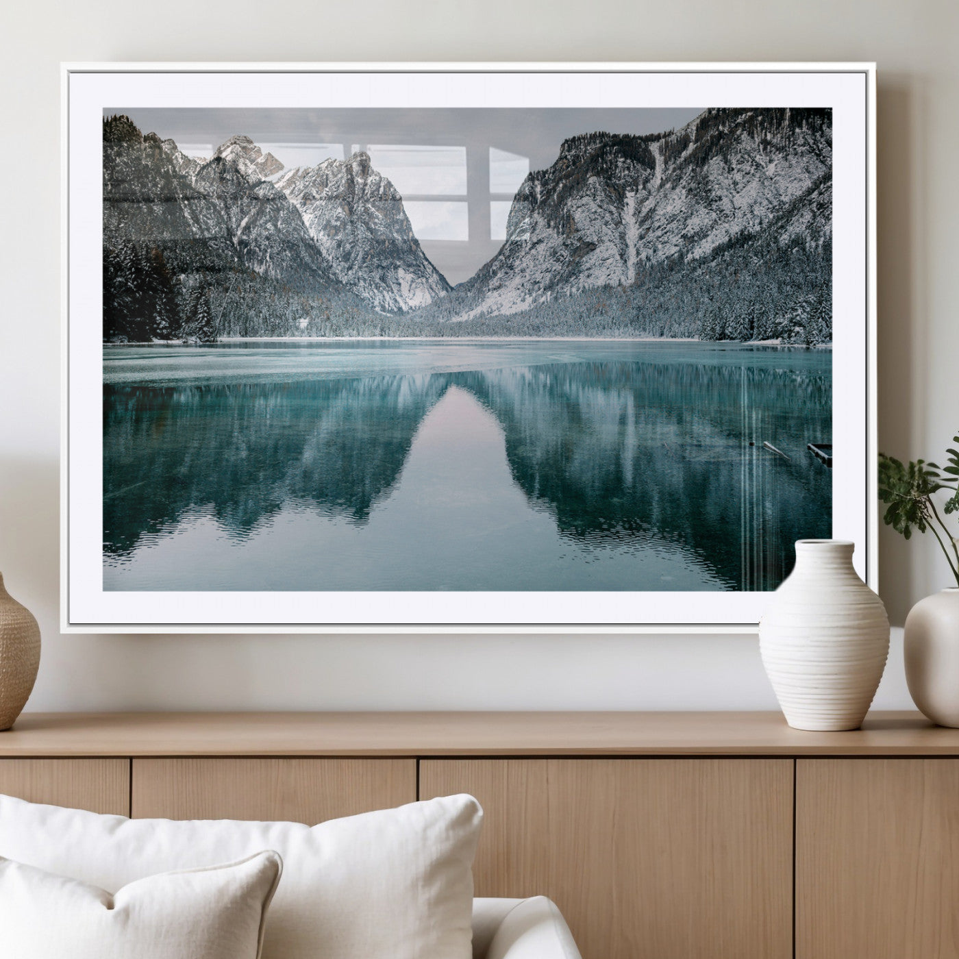 73098373-MGV-CV-36X24-Mountain Lake Wall Art Canvas Print, Framed Winter Wonderland Art Picture Print, Snowy Peaks Perfect Modern Nature Decor Artwork