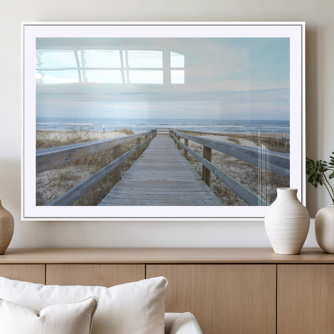 31602988-MGV-CV-36X24-Beach Boardwalk Wall Art Canvas Print, Framed Coastal Serenity Art Picture Print, Ocean View Perfect Coastal Minimalist Decor