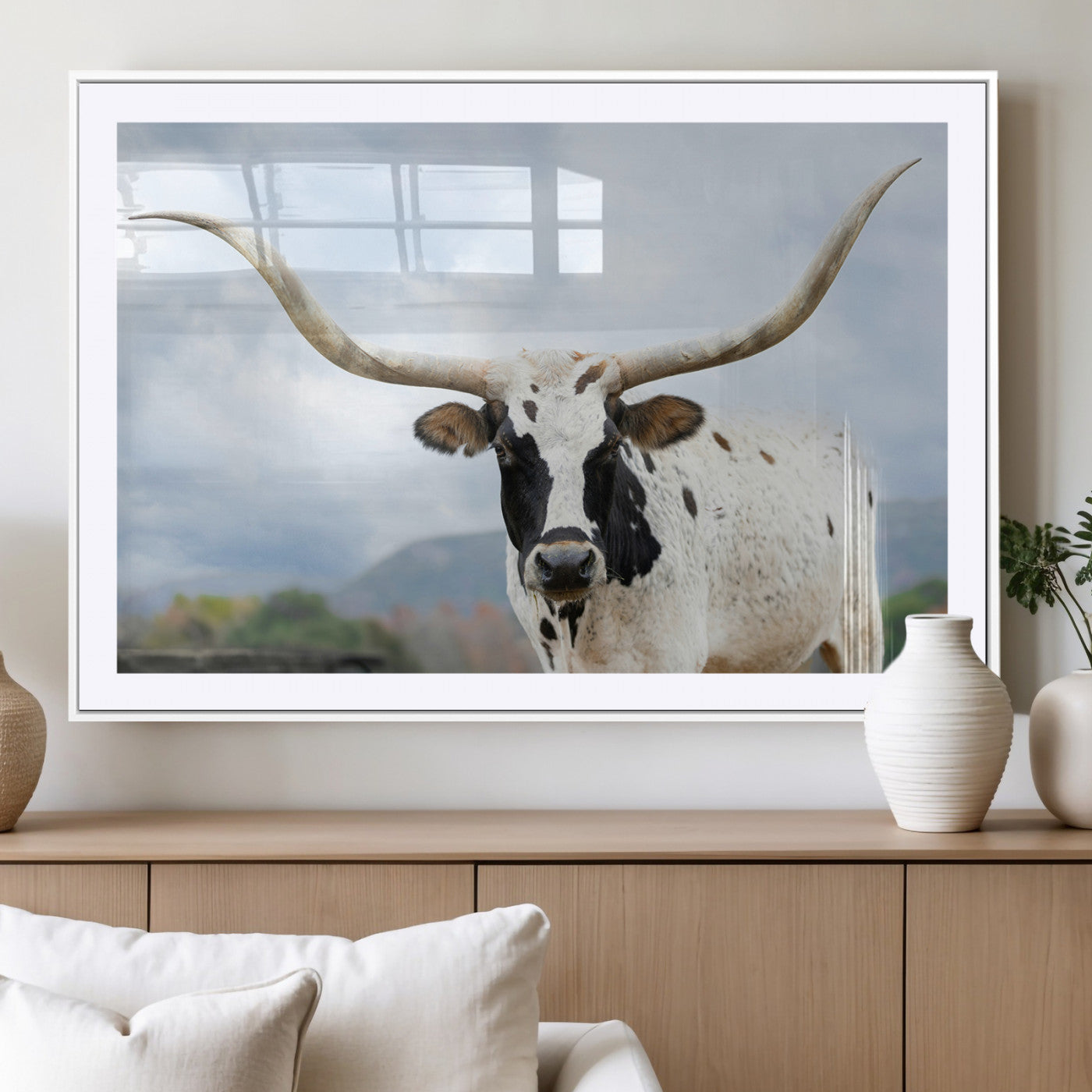 63592811-MGC-FP-36x24_White-Texas Longhorn Wall Art Canvas Print, Framed Western Rustic Art Picture Print, Farmhouse Decor Perfect Rustic Farmhouse Decor