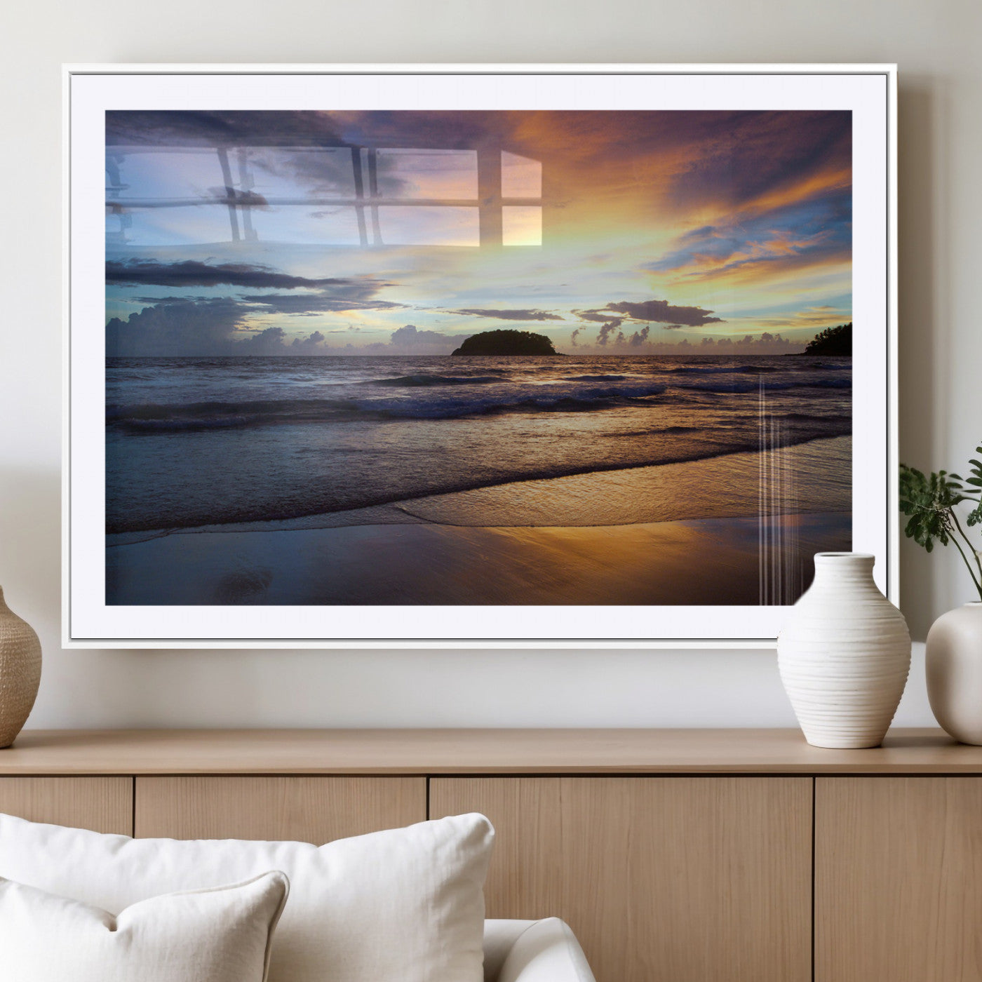 36714356-MGV-CV-36X24-Beach Sunset Wall Art Canvas Print, Framed Ocean Waves Art Picture Print, Tropical Seascape Perfect Coastal Serenity Decor Artwork