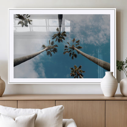 45236398-MGC-FP-36x24_White-Tropical Palm Trees Wall Art Canvas Print, Framed California Sky Art Picture Print, Minimalist Nature Perfect Coastal Minimalist