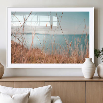 36108696-MGC-FP-36x24_White-Coastal Grass Wall Art – Serene Ocean View Canvas Print, Beach Nature Photography Decor for Living Room, Bedroom, Office or Modern