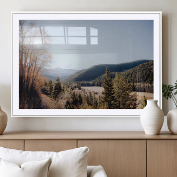 52941305-MGC-FP-36x24_White-Rustic Landscape Wall Art Canvas Print, Framed Serene Valley Art Picture Print, Pine Tree Horizon Perfect Rustic Cabin Decor
