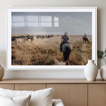 22431577-MGC-FP-36x24_White-Western Wall Art Wall Art Canvas Print, Framed Cowboy Canvas Art Picture Print, Cattle Drive Scene Perfect Rustic Western Decor