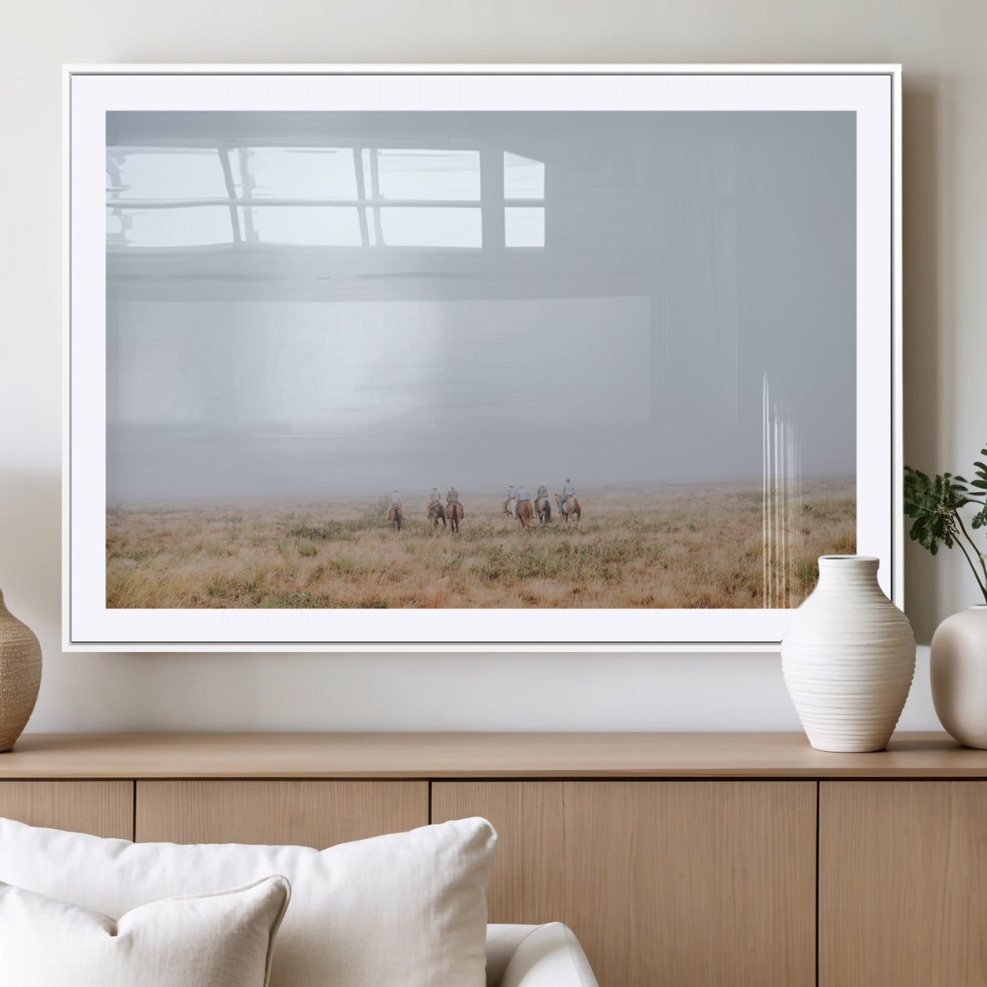 14761944-MGC-FP-36x24_White-Foggy Plains Wall Art Canvas Print, Framed Horseback Riders Art Picture Print, Rustic Western Perfect Rustic Western Decor Artwork