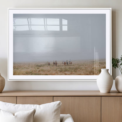 14761944-MGC-FP-36x24_White-Foggy Plains Wall Art Canvas Print, Framed Horseback Riders Art Picture Print, Rustic Western Perfect Rustic Western Decor Artwork