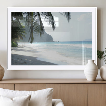 18311030-MGC-FP-36x24_White-Tropical Beach Wall Art Canvas Print, Framed Serene Ocean Art Picture Print, Palm Tree Shadows Perfect Tropical Coastal Decor