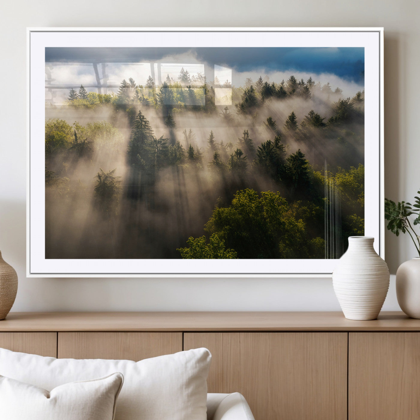 14785710-MGC-FP-36x24_White-Tranquil Forest Scene Wall Art Canvas Print, Framed Sunbeam Through Trees Art Picture Print, Moody Green Wall Art Perfect