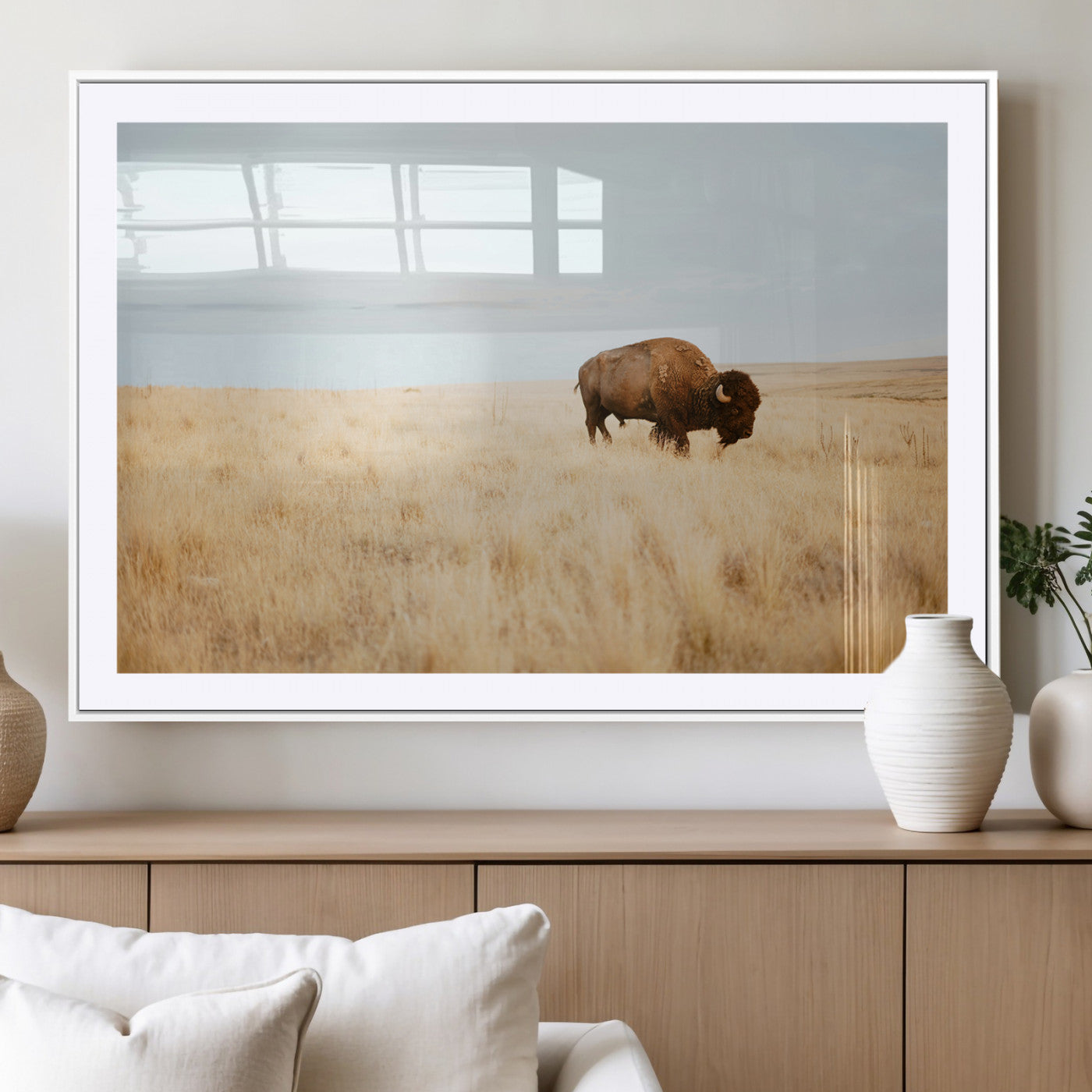 61392510-MGV-CV-36X24-Buffalo Wall Art Wall Art Canvas Print, Framed Western Wildlife Decor Art Picture Print, Rustic Farmhouse Art Perfect Rustic