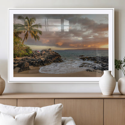 55108220-MGV-CV-36X24-Tropical Beach Wall Art Canvas Print, Framed Hawaiian Sunset Art Picture Print, Ocean Waves Perfect Coastal Tropical Decor Artwork