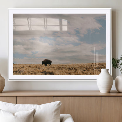 22754563-MGC-FP-36x24_White-Earthy Tones Wall Art Canvas Print, Framed Rustic Nature Art Picture Print, Solitary Buffalo Perfect Western Minimalist Decor