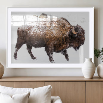 94261165-MGV-CV-36X24-Snowy Buffalo Wall Art Canvas Print, Framed Wildlife Photography Art Picture Print, Brown Tones Perfect Rustic Lodge Decor Decor