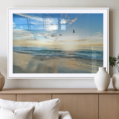 20708696-MGC-FP-36x24_White-Minimalist Seaside Wall Art Canvas Print, Framed Morning Glow Art Picture Print, Golden Reflections Perfect Coastal Minimalist