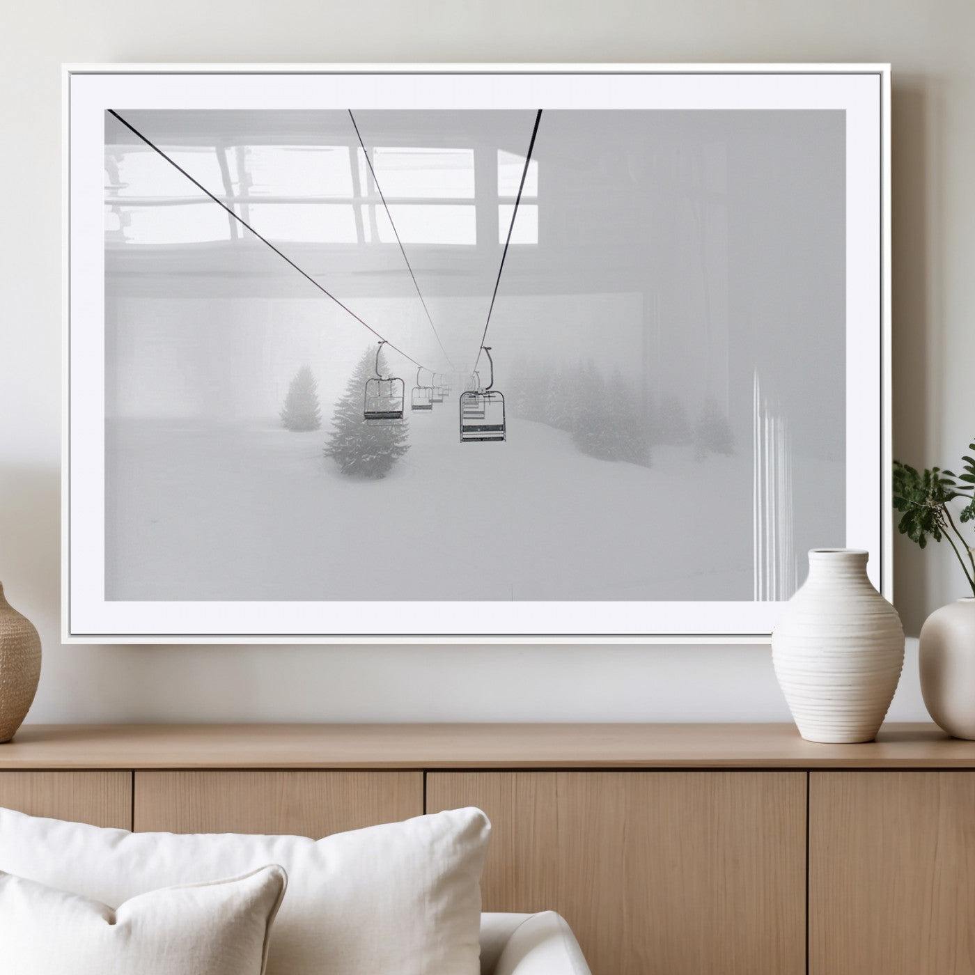 20216390-MGC-FP-36x24_White-Ski Lift Wall Art Canvas Print, Framed Snowy Landscape Art Picture Print, Alpine Adventure Perfect Nordic Minimalist Decor Artwork