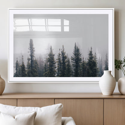 42364796-MGC-FP-36x24_White-Foggy Forest Wall Art Canvas Print, Framed Misty Pines Art Picture Print, Moody Woodland Perfect Scandinavian Minimalist Decor
