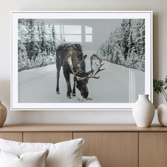 13316292-MGV-CV-36X24-Moose in Snow Wall Art Canvas Print, Framed Winter Wildlife Art Picture Print, Snowy Forest Scene Perfect Rustic Lodge Decor