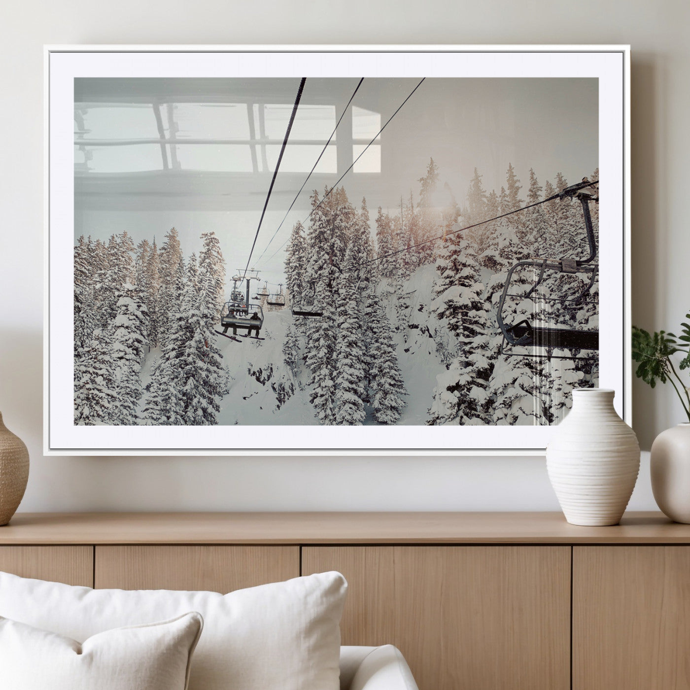 91534512-MGC-FP-36x24_White-Frosty Pines Wall Art Canvas Print, Framed Cozy Cabin View Art Picture Print, Ski Lift Ride Perfect Rustic Lodge Decor Artwork