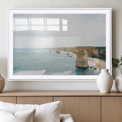 70095633-MGC-FP-36x24_White-Twelve Apostles Wall Art Canvas Print, Framed Coastal Cliffs Art Picture Print, Rugged Rock Formations Perfect Minimalist Coastal