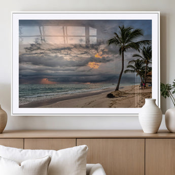62574547-MGV-CV-36X24-Tropical Storm Wall Art Canvas Print, Framed Moody Beach Art Picture Print, Dramatic Sky Perfect Tropical Coastal Decor Artwork