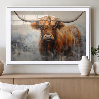 X61001-MGV-CV-36X24-Scottish Highland Wall Art Canvas Print, Framed Longhorn Art Picture Print, Western Cow Perfect Farmhouse Decor Artwork