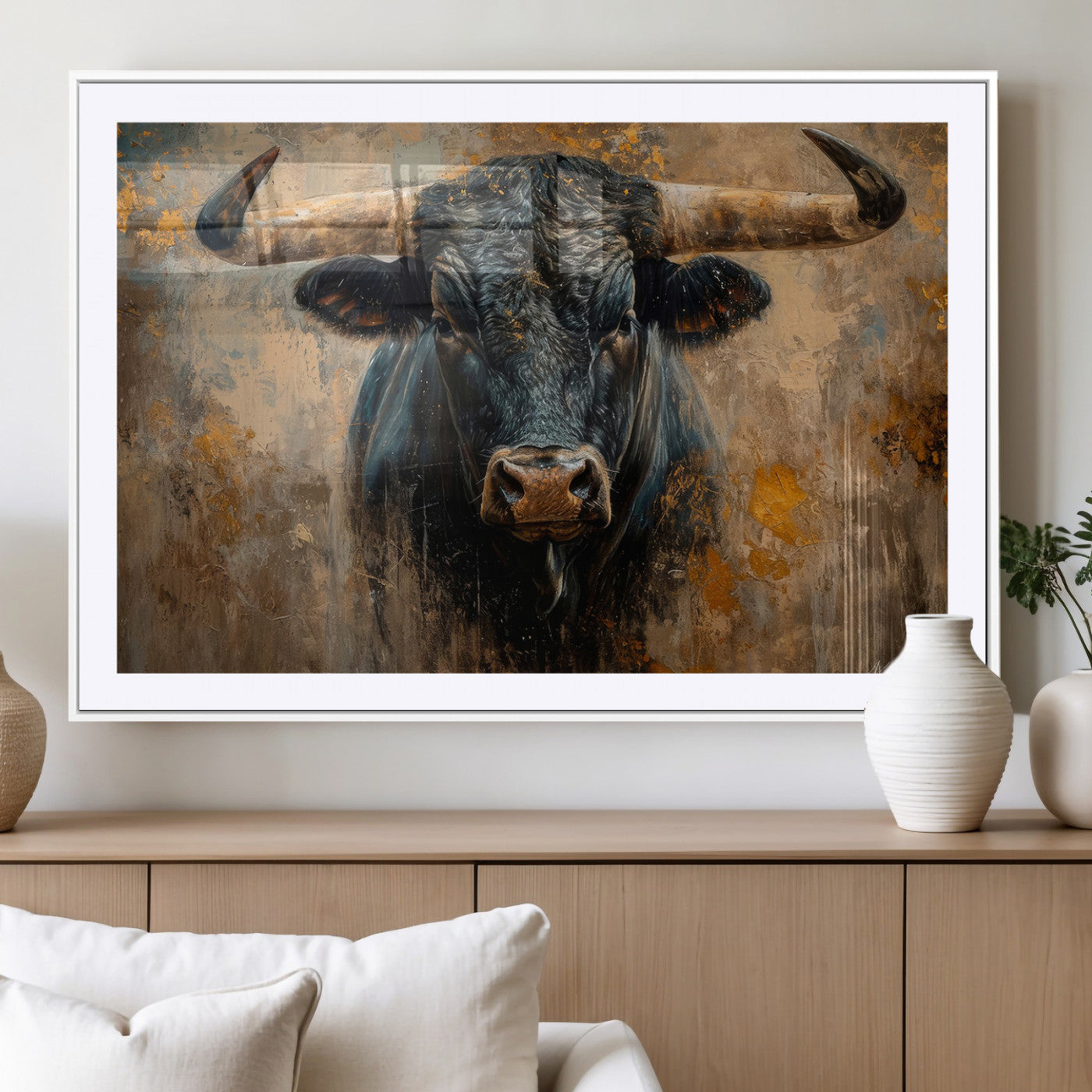 91615410-MGV-CV-36X24-Bull Wall Art – Rustic Western Longhorn Canvas Print, Powerful Abstract Animal Painting, Farmhouse Ranch Decor for Living Room,