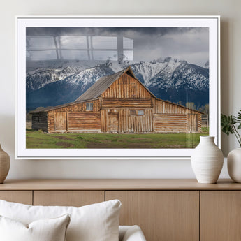 15173627-MGV-CV-36X24-Barn Wall Art – Rustic Wooden Cabin Canvas Print with Snowy Mountain Landscape, Western Farmhouse Country Decor for Living Room,