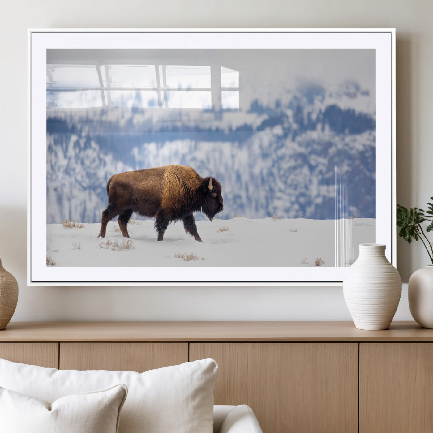 21623194-MGC-FP-36x24_White-Snow Bison Wall Art – Majestic Buffalo Wildlife Canvas Print, Winter Nature Décor for Rustic Living Room, Farmhouse, Cabin, Lodge