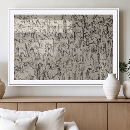 12358908-MGV-CV-36X24-Horse Herd Sketch Wall Art – Abstract Wild Horses Line Drawing Canvas Print, Rustic Western Style Equestrian Decor for Living