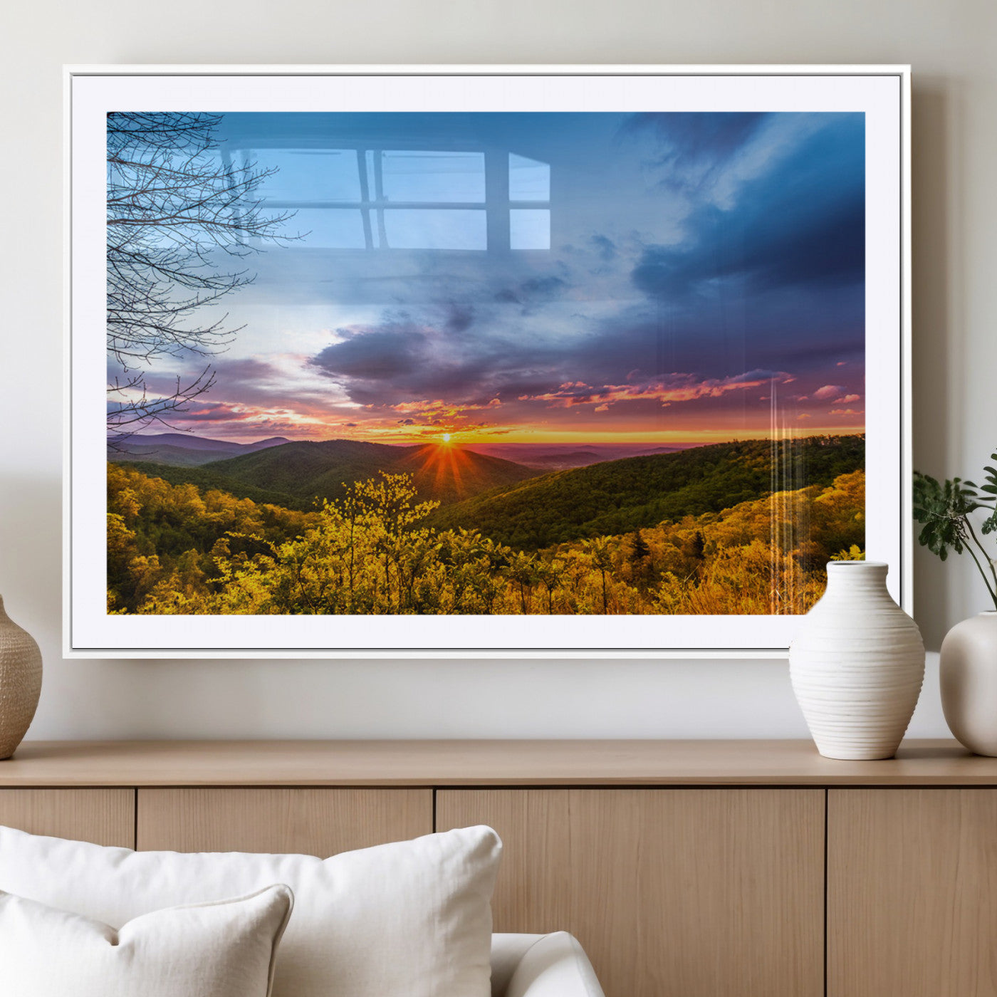 25786346-MGC-FP-36x24_White-Sunset Over Mountains Wall Art – Nature Landscape Canvas Print, Golden Hour Forest Photography, Scenic Sunrise Artwork for Living