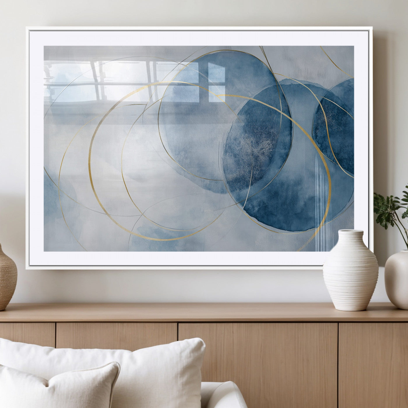 47060443-MGC-FP-36x24_White-Blue Abstract Circle Wall Art – Modern Gold and Navy Canvas Print, Minimalist Geometric Painting for Living Room, Bedroom, Office