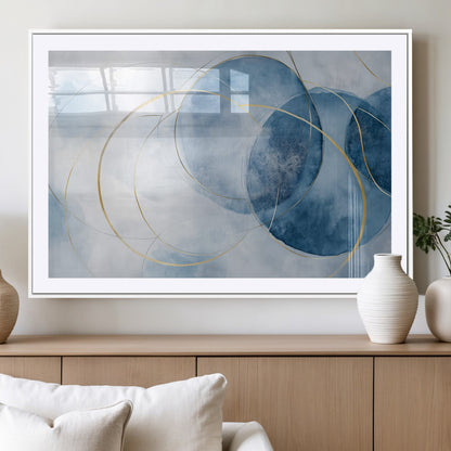 47060443-MGC-FP-36x24_White-Blue Abstract Circle Wall Art – Modern Gold and Navy Canvas Print, Minimalist Geometric Painting for Living Room, Bedroom, Office