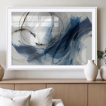 49589477-MGC-FP-36x24_White-Blue Abstract Wall Art – Modern Circle Canvas Print with Gold and Black Accents, Contemporary Fluid Brushstroke Painting for