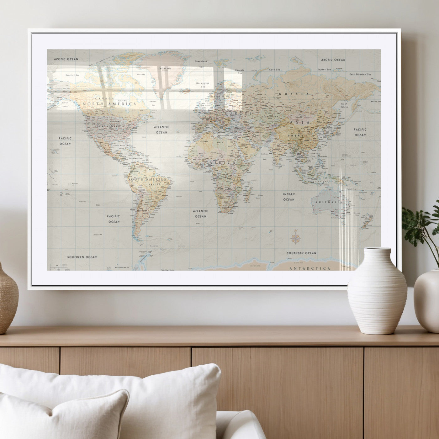 40660043-MGV-CV-36X24-World Map Wall Art – Large Detailed Atlas Style Map Print with Countries, Cities, and Oceans, Neutral Beige and Tan Educational