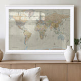 41929777-MGC-FP-36x24_White-World Map Wall Art – Large Detailed Political Atlas Style Map Print with Countries, Cities, and Oceans, Warm Earth Tone