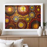 81120549-MGV-CV-36X24-Abstract Dot Painting Wall Art – Vibrant Tribal Boho Style Canvas Print with Sunburst Mandala Circles in Warm Red, Yellow, Orange