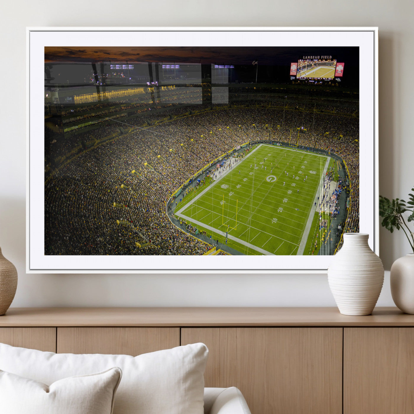 23655234-MGV-CV-36X24-Lambeau Field Stadium Wall Art – American Football Night Game Canvas Print with Packed Crowd and Lights – Sports Decor for Man