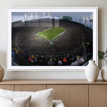 14387817-MGV-CV-36X24-Lambeau Field Stadium Wall Art – Green Bay Packers Game Day Canvas Print with Fireworks and Crowd – NFL Football Fan Man Cave
