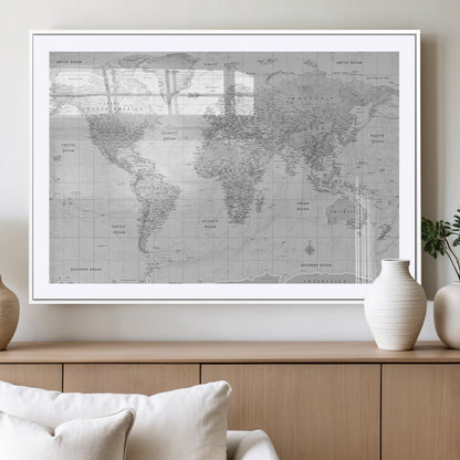 10516725-MGV-CV-36X24-Black and White World Map Wall Art – Minimalist Grayscale Canvas Print – Modern Detailed Travel Map Poster for Home, Office, or