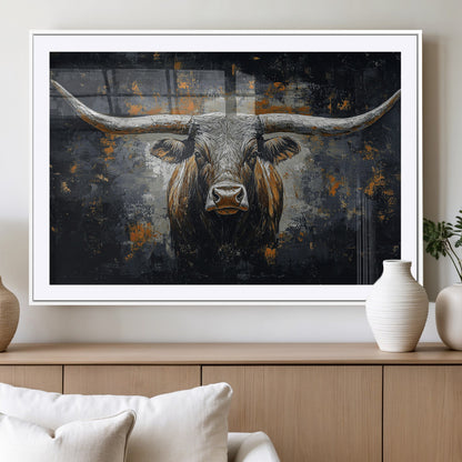 93195031-MGV-CV-36X24-Dark Longhorn Bull Wall Art – Western Steer Canvas Print, Moody Rustic Animal Painting for Man Cave, Ranch House, Office or Modern