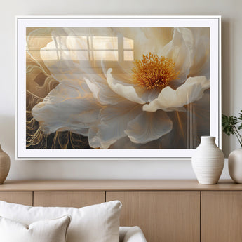 29539087-MGC-FP-36x24_White-Floral Wall Art – Elegant White and Gold Bloom Canvas Print, Romantic Modern Flower Artwork for Bedroom, Living Room, or Office