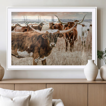 47758300-MGV-CV-36X24-Texas Longhorn Cattle Wall Art – Rustic Western Herd Canvas Print, Cowboy Ranch Farmhouse Decor for Living Room, Office, or
