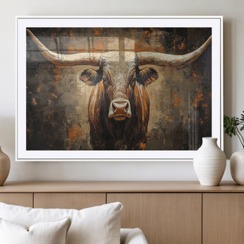19204445-MGV-CV-36X24-Texas Longhorn Bull Wall Art – Rustic Western Canvas Print, Bold Cowboy Cattle Painting for Ranch House, Farmhouse, Office, or