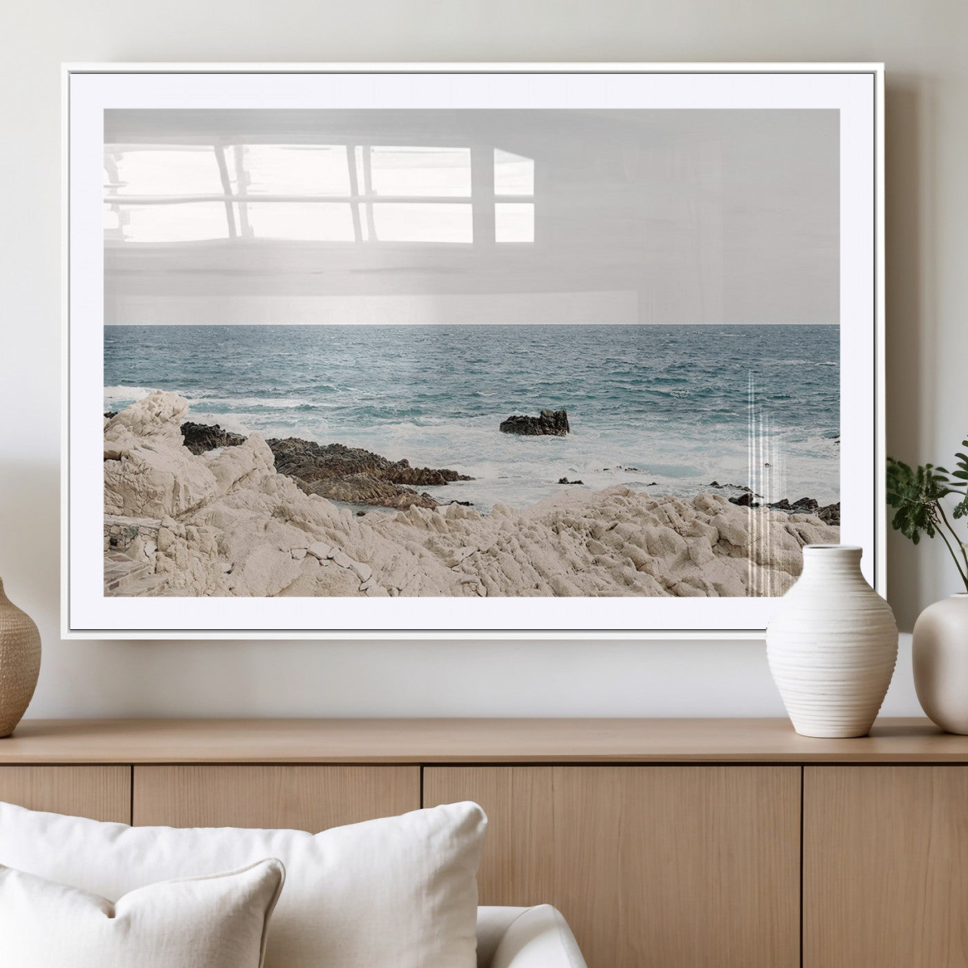 25481980-MGC-FP-36x24_White-Ocean Coastal Wall Art – Rocky Shoreline and Waves Canvas Print, Serene Beach Landscape Decor for Living Room, Bedroom, or Office